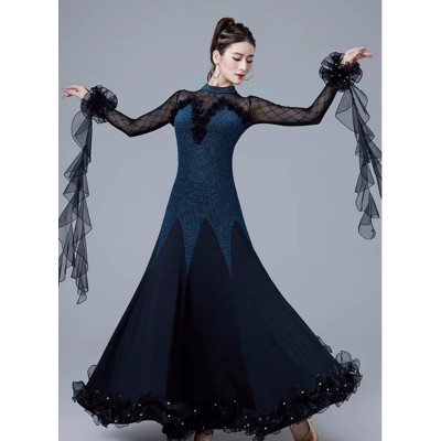 Women girls blue ballroom dance dresses flowy float sleeves waltz tango foxtrot smooth dance long swing gown for female